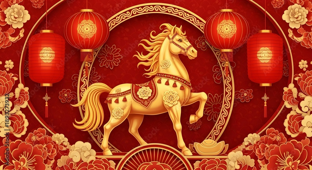 © Wahyu - Golden Horse Chinese New Year Illustration with Lanterns