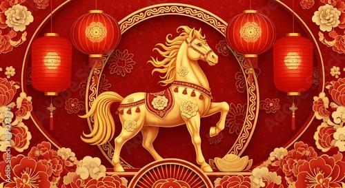 Golden Horse Chinese New Year Illustration with Lanterns