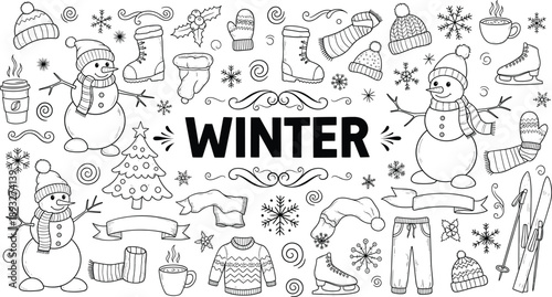 Winter doodle illustration set with snowmen, cozy clothes, hot drinks, snowflakes, skis, and seasonal holiday elements