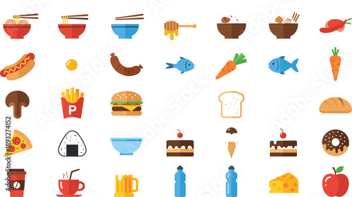 Colorful food and drink flat icon set featuring fast food snacks desserts beverages and fresh ingredients vector illustration