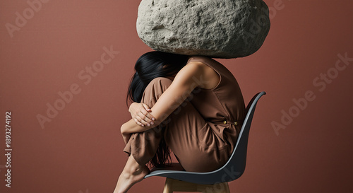 Mental health concept of a stressed woman sitting with a heavy rock on her head, representing depression and anxiety.