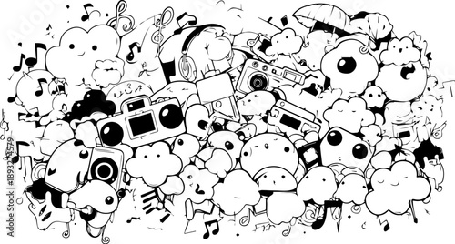 Whimsical Doodle Art: A vibrant collection of musical notes, playful characters, and various elements come together to create a delightful and imaginative doodle art scene.