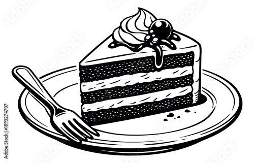 Hand drawn line art illustration of a slice of cake depicting whipped cream, a cherry, and a fork on a plate for dessert and bakery designs