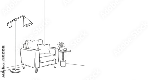 Sketch of a comfortable armchair next to a floor lamp and small table.