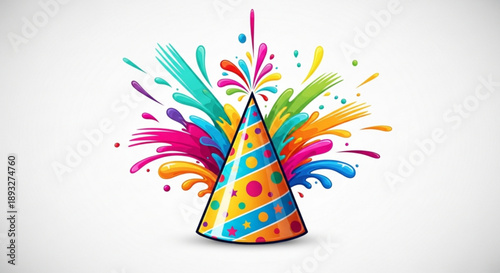 Vibrant party hat with colorful paint splashes on white background celebration and fun concept