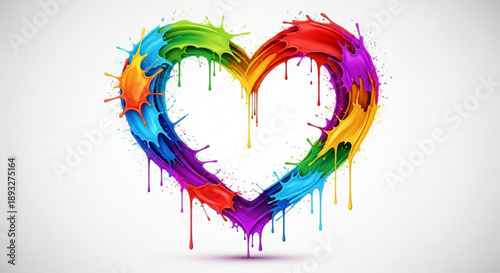 Vibrant rainbow heart with paint drips on white background symbolizing love and creativity