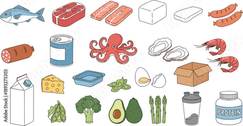 Healthy protein food vector set featuring seafood, meat, dairy, vegetables, supplements, and balanced nutrition ingredients illustration