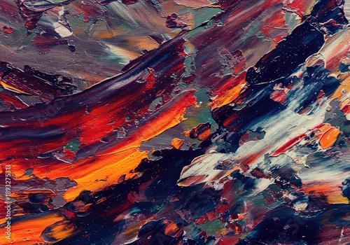 Dynamic abstract expressionist painting featuring thick impasto texture, vibrant colors, and chaotic movement, ideal for modern design backgrounds, expressionism, multicolor, unique