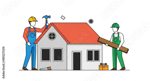 Two construction workers building a house together with tools.