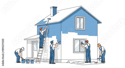 Team of painters working together to paint a house exterior.