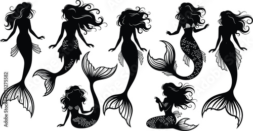 Black mermaid silhouette collection, mythical sea creature vector illustrations, elegant underwater sirens with flowing hair and decorative tails for aquatic 