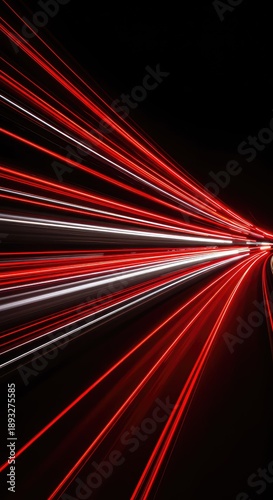 Dynamic speed streaks of red and white light forming abstract trails across a completely black, empty background. Long exposure motion concept, velocity, technology, speed