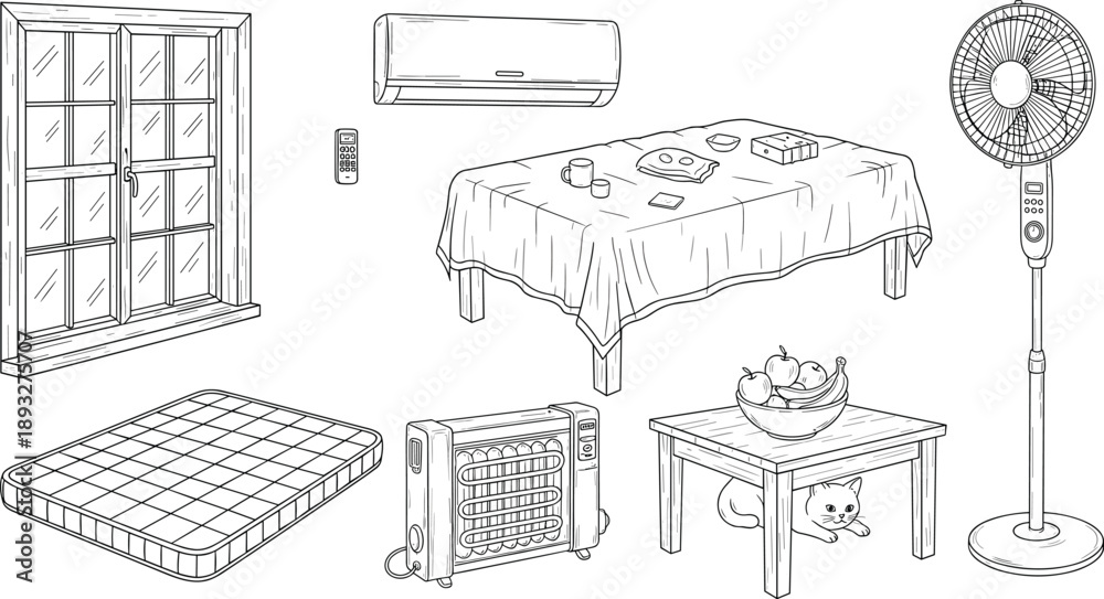 Fototapeta premium Home interior household furniture and appliance vector set featuring window, table, mattress, heater, fan and air conditioner