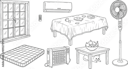 Home interior household furniture and appliance vector set featuring window, table, mattress, heater, fan and air conditioner
