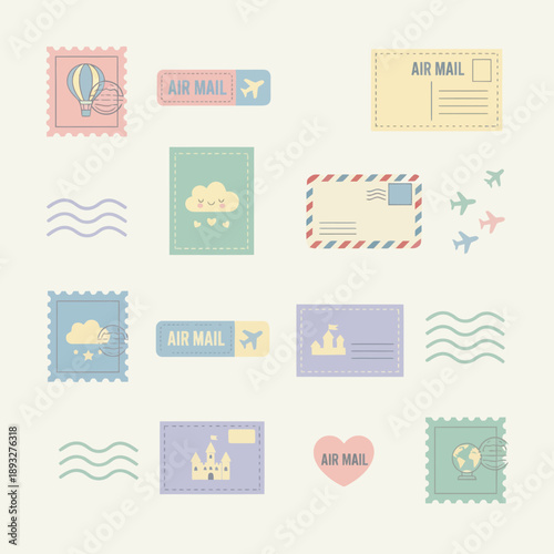 A collection of pastel-colored flat design icons related to air mail, travel, and communication, featuring stamps, envelopes, airplanes, and various symbols.
