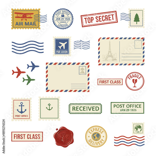 A comprehensive collection of vintage and modern postal elements, including stamps, envelopes, postcards, postmarks, and shipping labels, ideal for communication and mail themes.