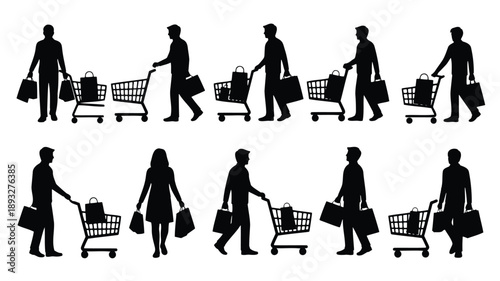 Diverse shoppers with shopping carts and bags walking in flat vector illustration