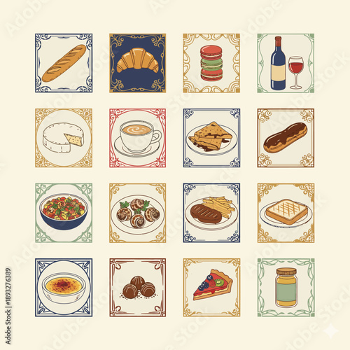 Set of sixteen traditional French dishes and drinks depicted in ornate square frames, showcasing classic cuisine and beverages.