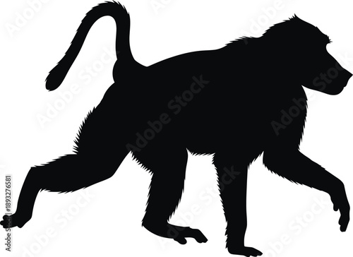 Detailed black silhouette of a baboon, showcasing its distinctive primate form and posture, ideal for wildlife and nature-themed designs, highlighting the wild animal's grace