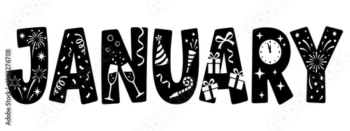 January Decorative Typography Vector with New Year Celebration Icons