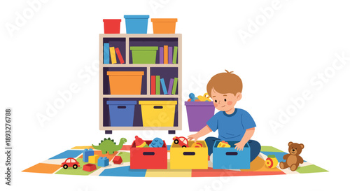 Independent little boy sorting toys into boxes, modern flat vector showing good habits, organization skills, and tidy playroom routine