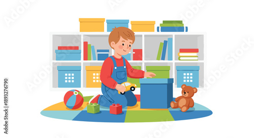 Independent little boy sorting toys into boxes, modern flat vector showing good habits, organization skills, and tidy playroom routine