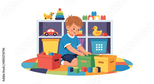 Independent little boy sorting toys into boxes, modern flat vector showing good habits, organization skills, and tidy playroom routine