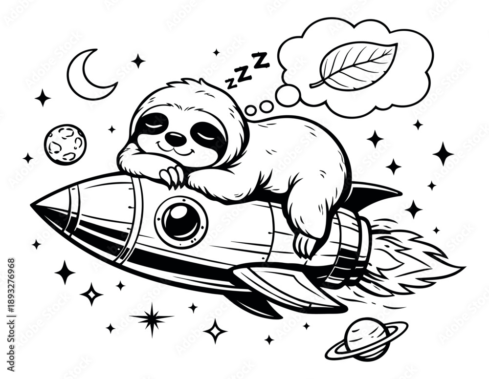 Fototapeta premium Hand drawn line art illustration of a cute sloth sleeping on a rocket depicting a space dream for kids' designs