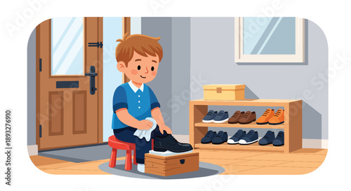 Independent little boy polishing his shoes near the door, modern flat vector showing good habits and personal responsibility