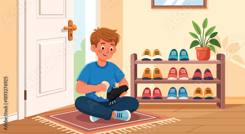 Independent little boy polishing his shoes near the door, modern flat vector showing good habits and personal responsibility