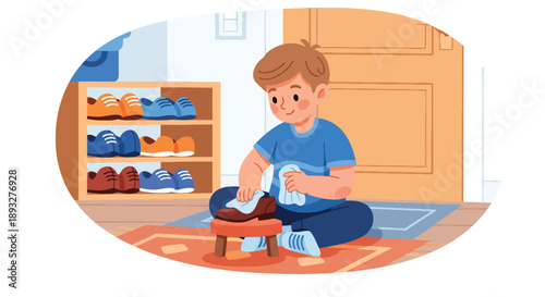 Independent little boy polishing his shoes near the door, modern flat vector showing good habits and personal responsibility
