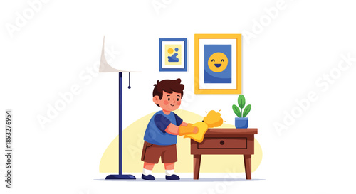 Independent little boy dusting furniture in the living room, modern flat vector promoting good habits and clean home lifestyle