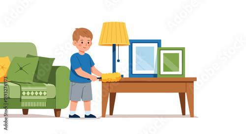 Independent little boy dusting furniture in the living room, modern flat vector promoting good habits and clean home lifestyle