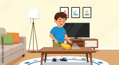 Independent little boy dusting furniture in the living room, modern flat vector promoting good habits and clean home lifestyle