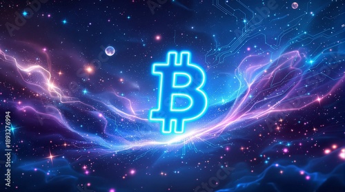 Glowing blue bitcoin sign floating in deep space galaxy with nebulas stars and cosmic clouds