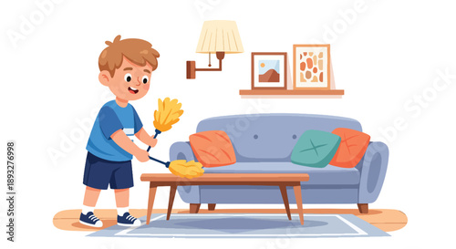 Independent little boy dusting furniture in the living room, modern flat vector promoting good habits and clean home lifestyle
