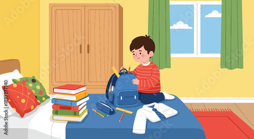 Independent little boy preparing his school bag, modern flat vector promoting good habits, readiness, and learning discipline