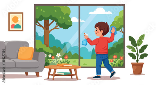 Independent little boy cleaning window glass, modern flat vector illustrating good habits and a bright, healthy home