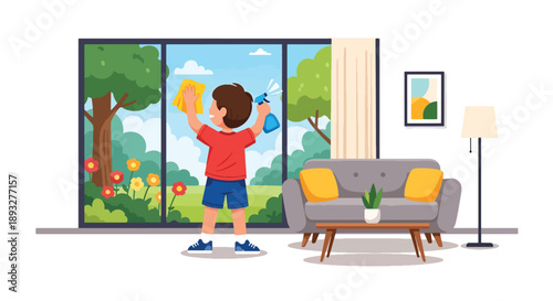 Independent little boy cleaning window glass, modern flat vector illustrating good habits and a bright, healthy home