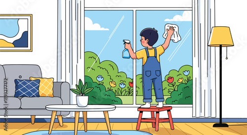 Independent little boy cleaning window glass, modern flat vector illustrating good habits and a bright, healthy home