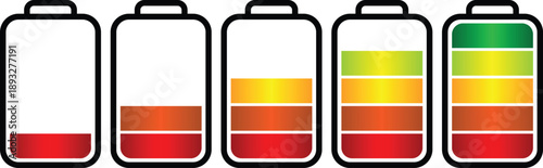 Set of battery charge level indicators in percentage vector. Energy power charging level illustration.