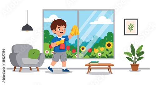 Independent little boy cleaning window glass, modern flat vector illustrating good habits and a bright, healthy home