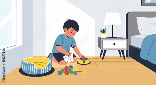 Independent little boy cleaning pet area at home, modern flat vector promoting good habits and caring attitude