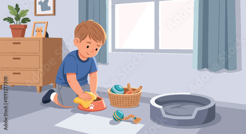 Independent little boy cleaning pet area at home, modern flat vector promoting good habits and caring attitude