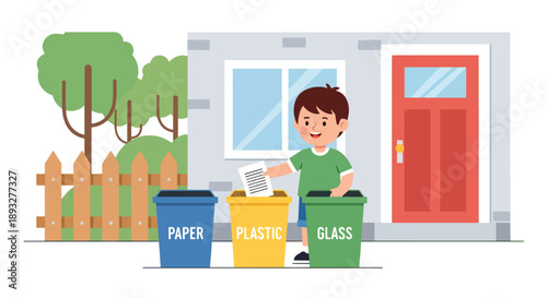 Independent little boy sorting recyclable waste, modern flat vector promoting good habits and eco-friendly responsibility
