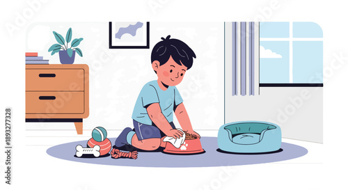Independent little boy cleaning pet area at home, modern flat vector promoting good habits and caring attitude