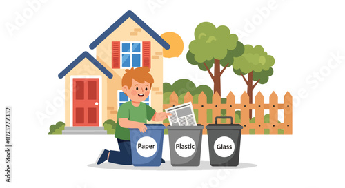 Independent little boy sorting recyclable waste, modern flat vector promoting good habits and eco-friendly responsibility