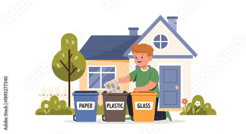Independent little boy sorting recyclable waste, modern flat vector promoting good habits and eco-friendly responsibility