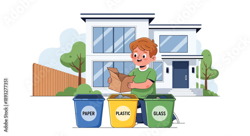 Independent little boy sorting recyclable waste, modern flat vector promoting good habits and eco-friendly responsibility