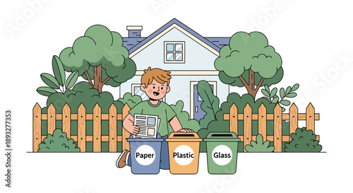 Independent little boy sorting recyclable waste, modern flat vector promoting good habits and eco-friendly responsibility